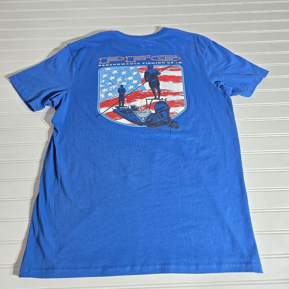 Columbia PFG Shirt Mens Size Large Short Sleeve Crew Neck Blue American Flag